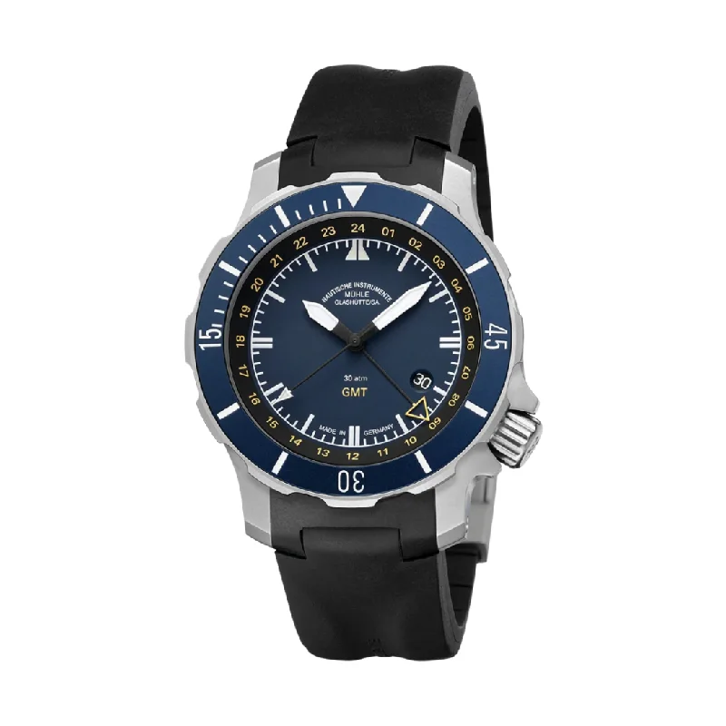 men's mechanical watches with solar display -MÜHLE-GLASHÜTTE SEEBATAILLON GMT M1-28-62-KB AUTOMATIC RUBBER STRAP MEN WATCH