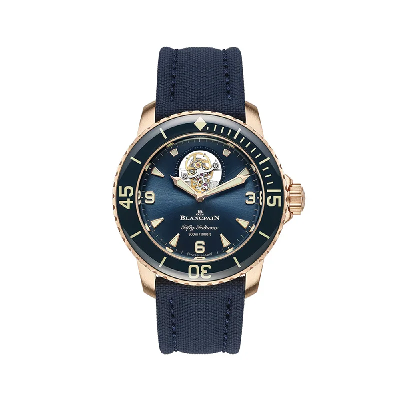 men's field watches with commemorative edition style design -Fifty Fathoms Tourbillon 8 Jours Red Gold 45mm - Blue on Fabric Strap