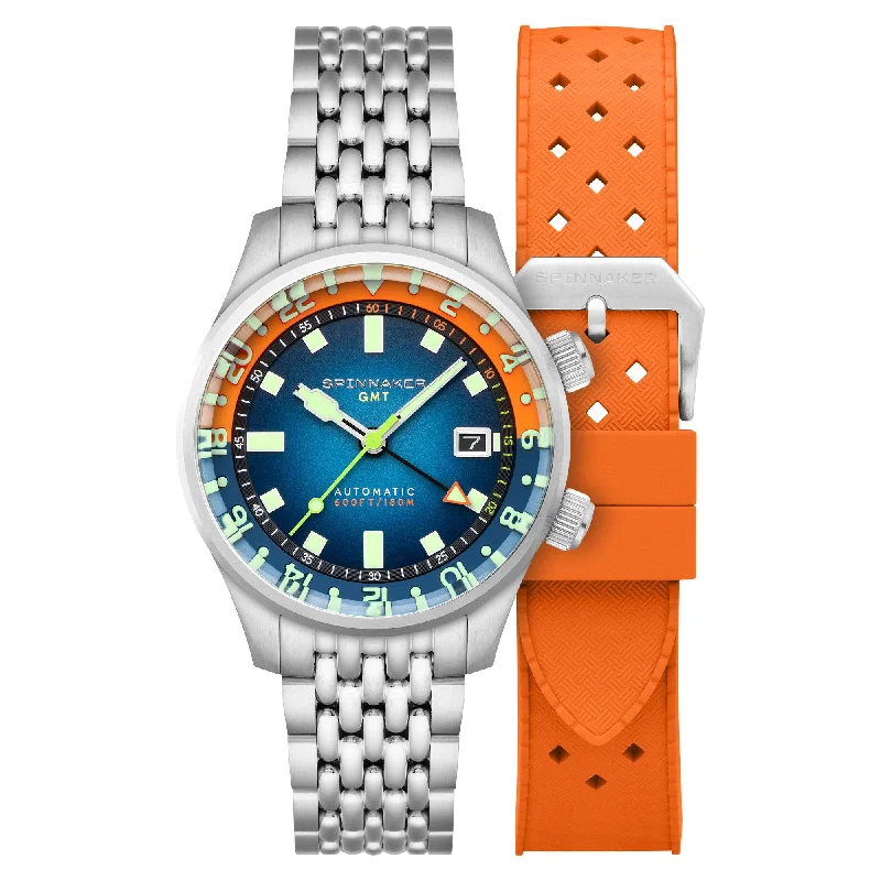 men's skeletonized watches for business attire -Spinnaker Bradner GMT Automatic Orange Blue