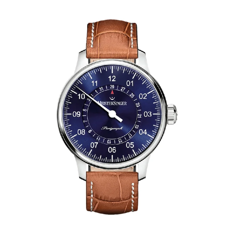 men's field watches with alarm style design -Perigraph Sunburst Blue Dial 43mm on Cognac Croco Print Leather Strap w/ White Stitching men's field watches with alarm style design -Perigraph Sunburst Blue Dial 43mm on Cognac Croco Print Leather Strap w/ White Stitching