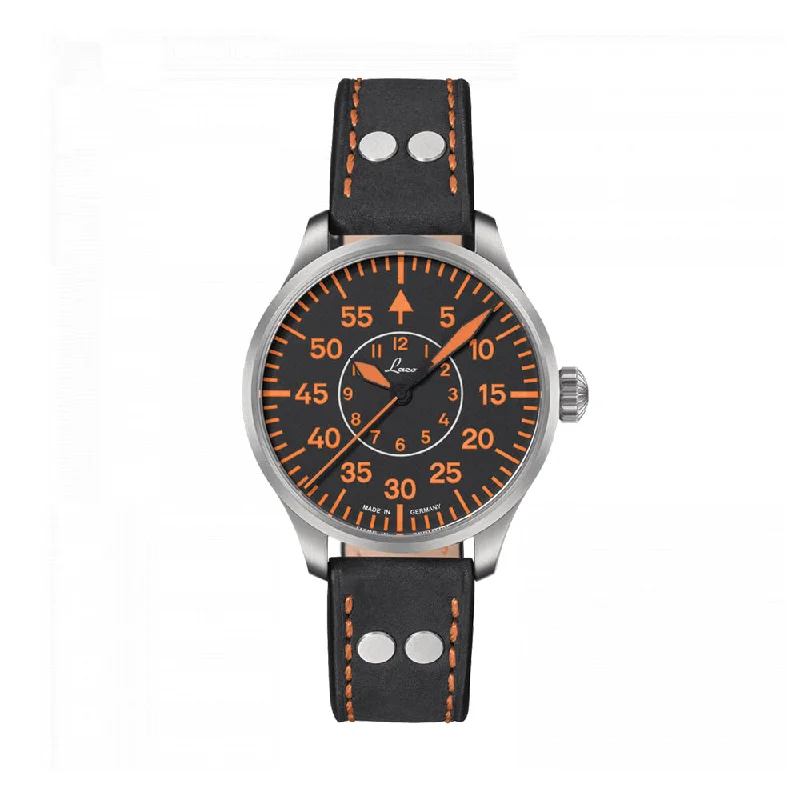 men's solar powered field watches -Pilot Basic Palermo Automatic 39mm - Black/Orange on Leather Strap