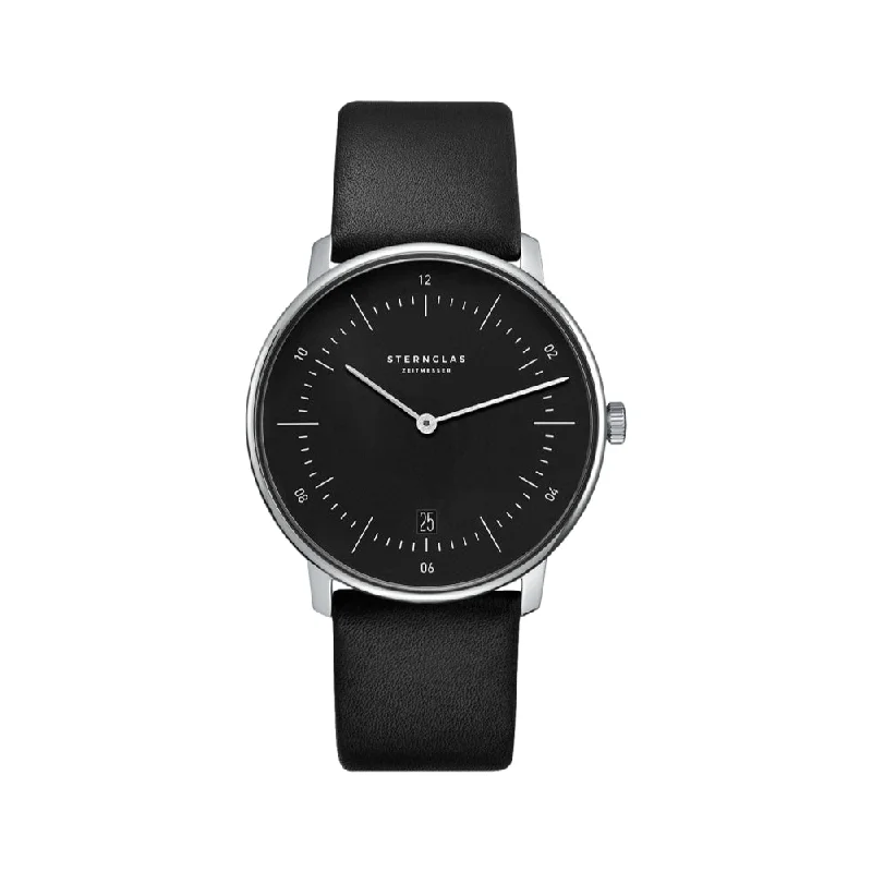men's stainless steel pilot watches -Naos Quartz 38mm - Black on Leather Strap