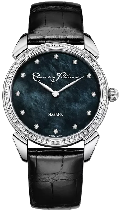 women's mechanical watches with phosphorescent display function -Cuervo y Sobrinos Watch Historiador Primera Dama Diamond Black