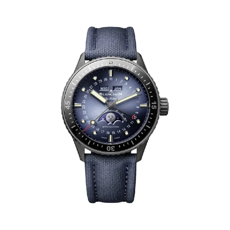 men's dive watches with LED light -Fifty Fathoms Bathyscaphe Quantième Complet Ceramic 43.6mm - Blue on Sail-canvas Strap