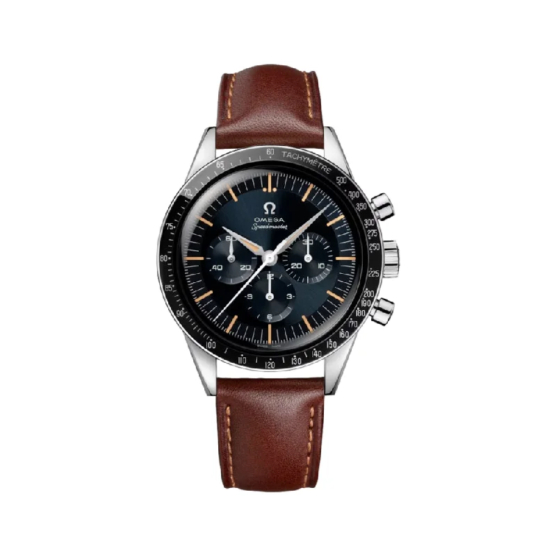 men's field watches with tritium style design -Speedmaster "First Omega in Space" - Blue on Brown Leather Strap