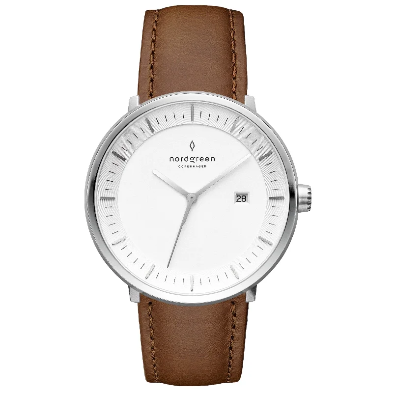 Unisex Seasonal Style Watches-Nordgreen Philosopher Brown Leather 40mm Silver Case Watch Unisex Seasonal Style Watches-Nordgreen Philosopher Brown Leather 40mm Silver Case Watch