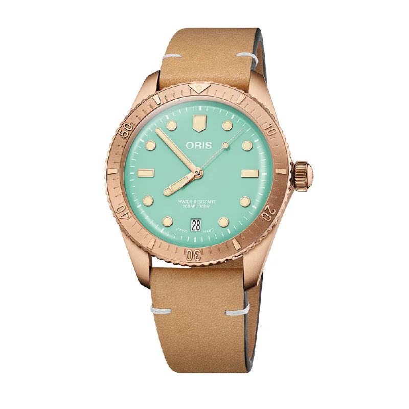 fall-wedding dresswatches-Divers Sixty‑Five Cotton Candy Automatic 38mm - Green on Leather Strap