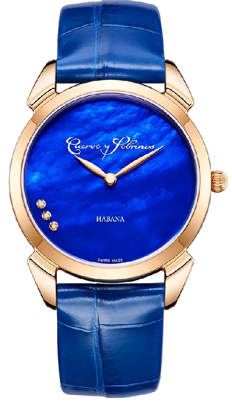 women's mechanical watches with C3 SuperLuminova display function -Cuervo y Sobrinos Watch Historiador Primera Dama Gold PVD Blue