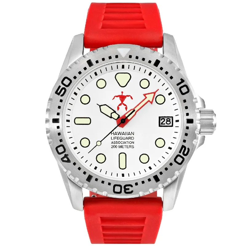 affordable skeletonized watches for men -Hawaiian Lifeguard Association White Red