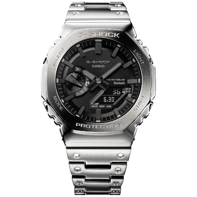 men's skeletonized watches with brown leather band -G-Shock GMB2100 Full Metal Solar Steel