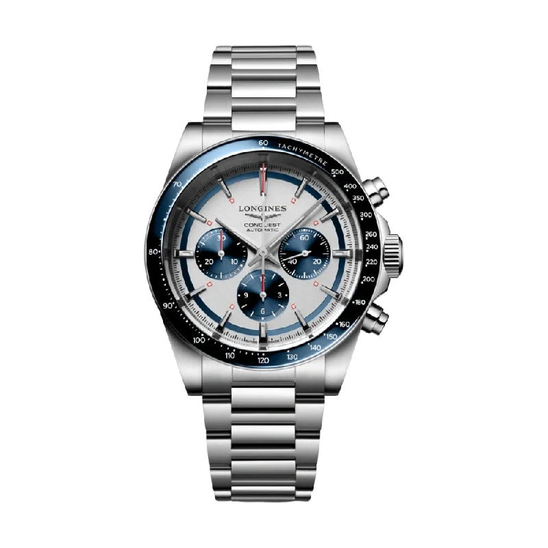 men's stainless steel pilot watches -Conquest Chronograph Silver Dial, 42mm