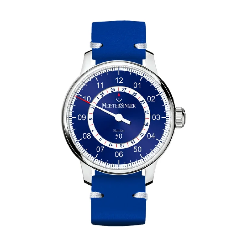 men's GMT watches with Swiss SuperLuminova style design -Edition USA Perigraph Blue-White-Red Dial 43mm on Blue Vintage Leather Strap