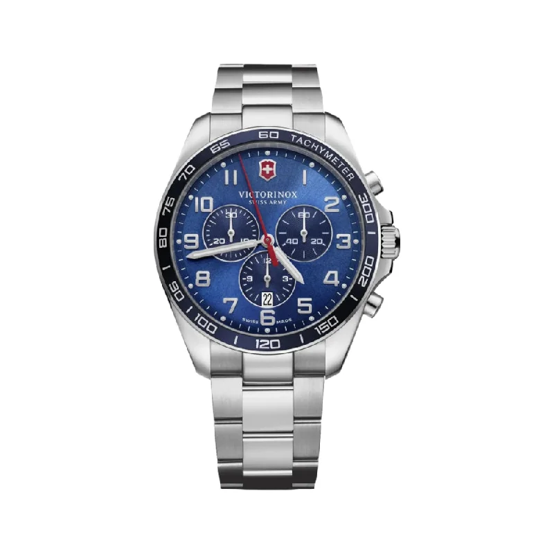 men's pilot watches with stopwatch style design -FieldForce Classic Chrono 42mm with Blue Dial and Stainless Steel Bracelet men's pilot watches with stopwatch style design -FieldForce Classic Chrono 42mm with Blue Dial and Stainless Steel Bracelet