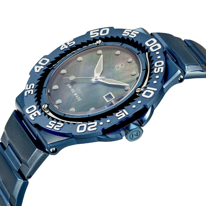 men's skeletonized watches with adjustable metal bracelet -Nove Trident Swiss Automatic G003-02 Blue Mother of Pearl