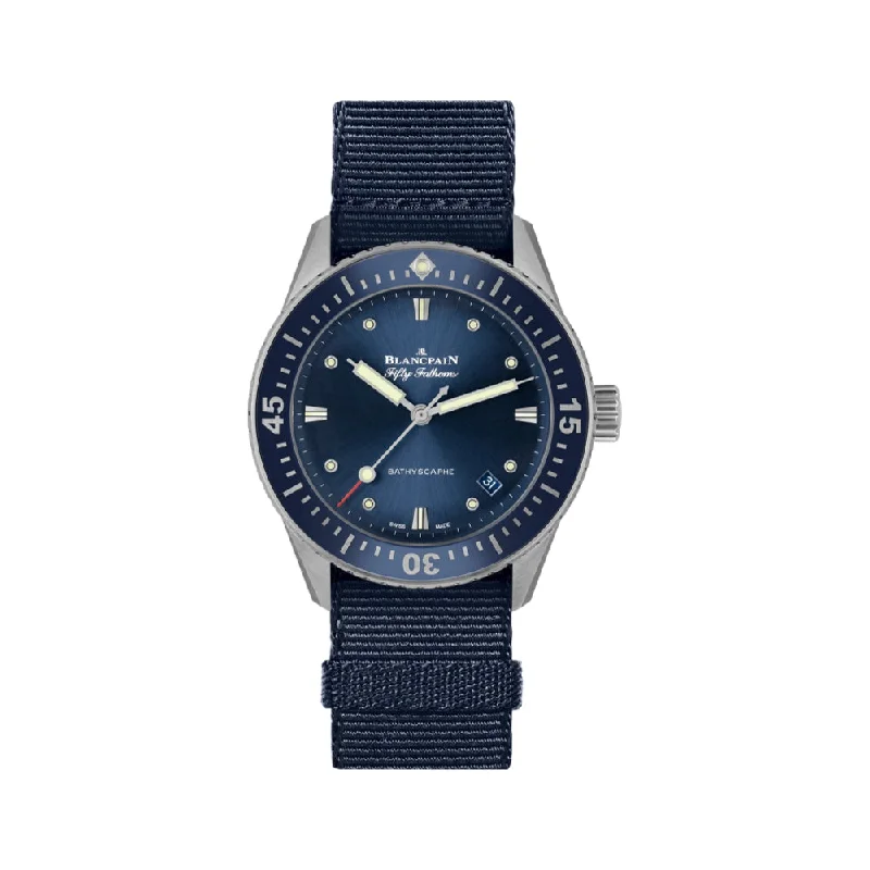 men's GMT watches with tourbillon style design -Fifty Fathoms Bathyscaphe SS 38mm - Blue Bezel w/ Blue Dial on One Piece Nylon Strap men's GMT watches with tourbillon style design -Fifty Fathoms Bathyscaphe SS 38mm - Blue Bezel w/ Blue Dial on One Piece Nylon Strap