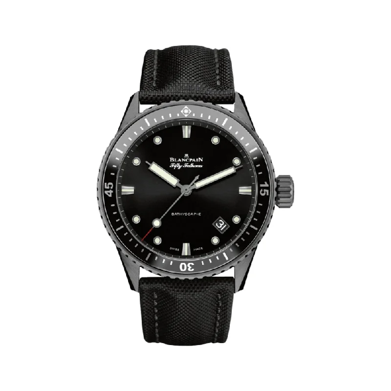 men's field watches with SuperLuminova style design -Fifty Fathoms Bathyscaphe Ceramic 43.6mm - Black Bezel w/ Black Dial on Sail-canvas Strap men's field watches with SuperLuminova style design -Fifty Fathoms Bathyscaphe Ceramic 43.6mm - Black Bezel w/ Black Dial on Sail-canvas Strap