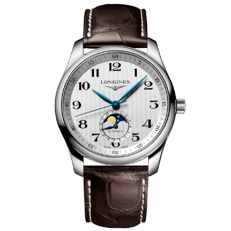 men's chronograph watches with leather straps -Master Collection Moonphase Silver "Barleycorn" Dial On Strap, 40mm men's chronograph watches with leather straps -Master Collection Moonphase Silver "Barleycorn" Dial On Strap, 40mm