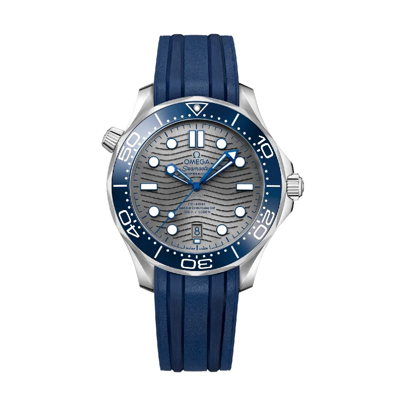 men's field watches with Swiss SuperLuminova design -Seamaster Diver 300M Co-Axial Master Chronometer 42mm - Grey Dial w/ Blue Bezel on Rubber Strap