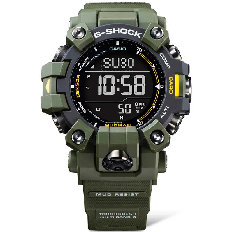 men's skeletonized watches with black steel case -G-Shock GW9500 Mudman Green
