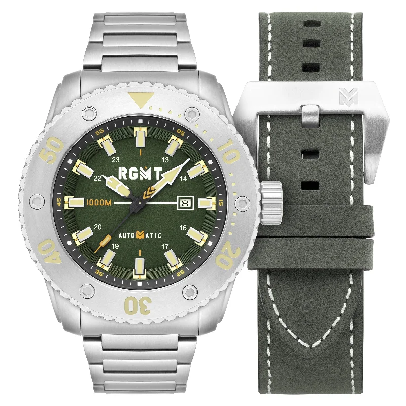 men's field watches with water-resistant style design -RGMT All Brite Automatic Forest Green men's field watches with water-resistant style design -RGMT All Brite Automatic Forest Green