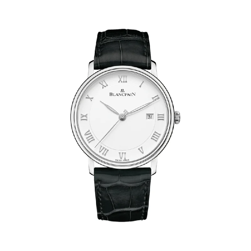 men's GMT watches for civilian pilots -Villeret Ultraplate SS 40mm - White on Black Leather Strap