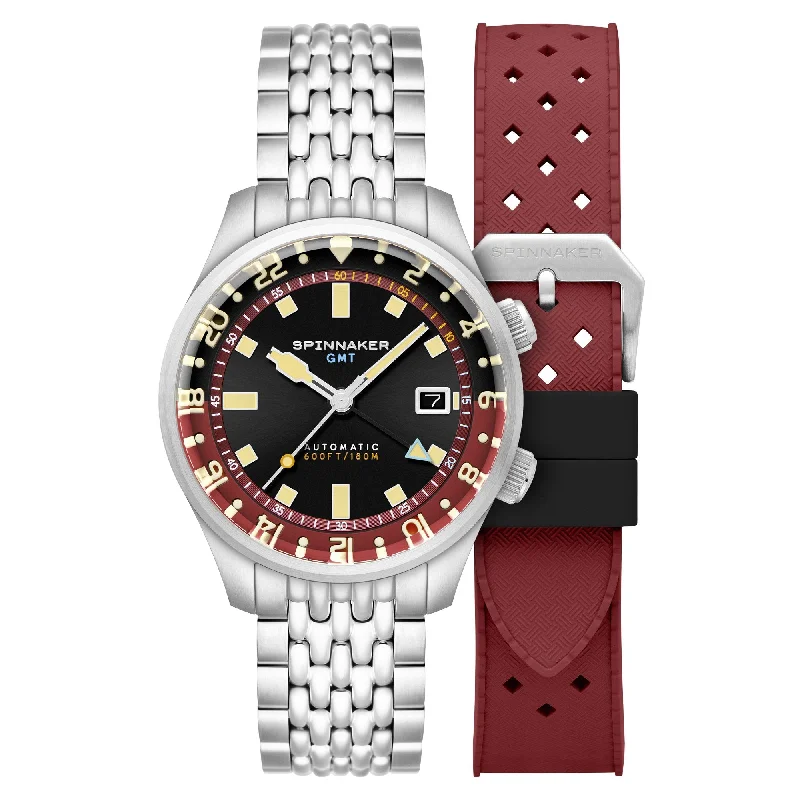 men's pilot watches with durable style design -Spinnaker Bradner GMT Automatic Sombre Red