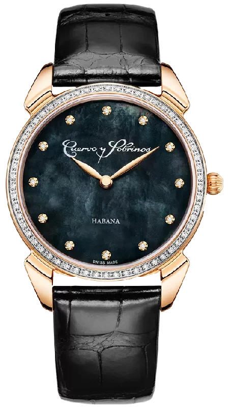 women's mechanical watches with luminescent display function -Cuervo y Sobrinos Watch Historiador Primera Dama Gold PVD Diamond Black
