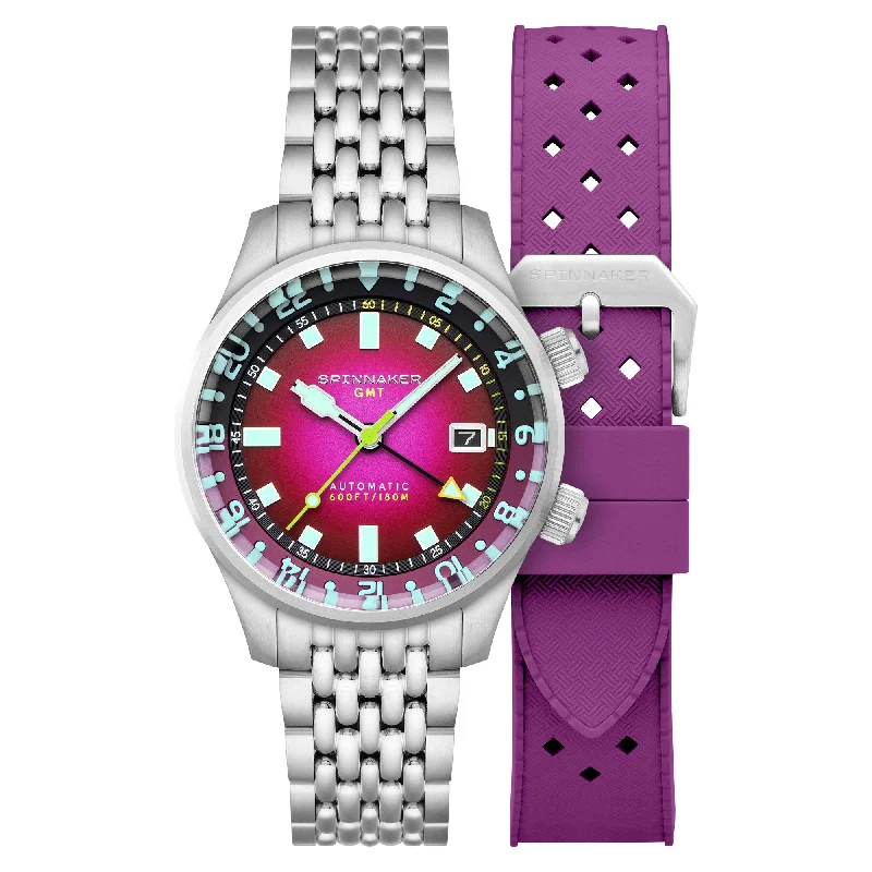 men's skeletonized watch with leather strap -Spinnaker Bradner GMT Automatic Mystic Purple men's skeletonized watch with leather strap -Spinnaker Bradner GMT Automatic Mystic Purple