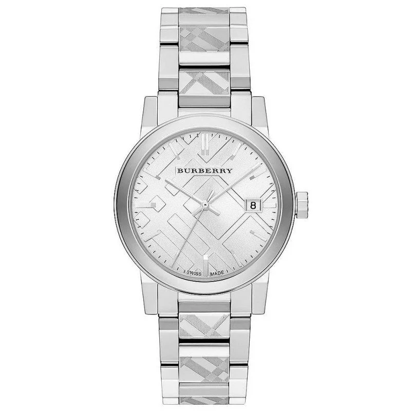 Unisex Rectangular Case Style Watches-Burberry BU9037 The City Engraved Checked Steel 38mm Watch Unisex Rectangular Case Style Watches-Burberry BU9037 The City Engraved Checked Steel 38mm Watch