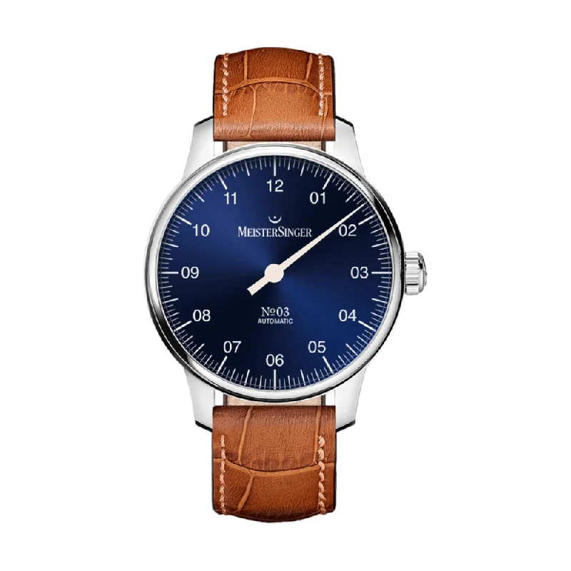 men's field watches with chronograph style design -N°03 Sunburst Blue Dial 38mm on Cognac Croco Print Leather Strap men's field watches with chronograph style design -N°03 Sunburst Blue Dial 38mm on Cognac Croco Print Leather Strap