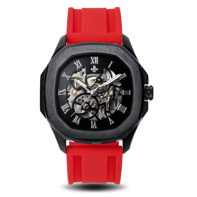 men's mechanical watches with rugged design -The Avalon Black + Red Silicone Strap