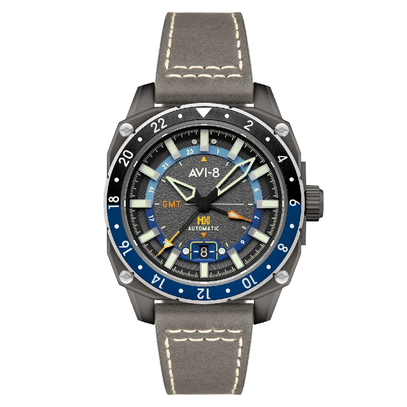 men's pilot watches with backlight design -AVI-8 Hawker Hunter Atlas Gmt Automatic Mist Grey
