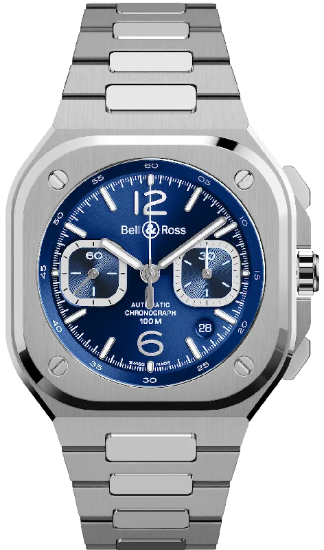 men's mechanical watches with spring drive display function -Bell & Ross BR 05 Chrono Blue Steel Bracelet