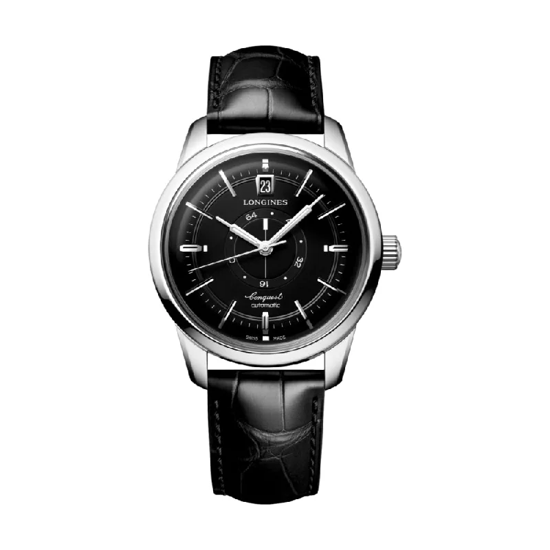 men's digital watches with convex style design -Conquest Heritage Central Power Reserve 38mm - Black on Leather Strap