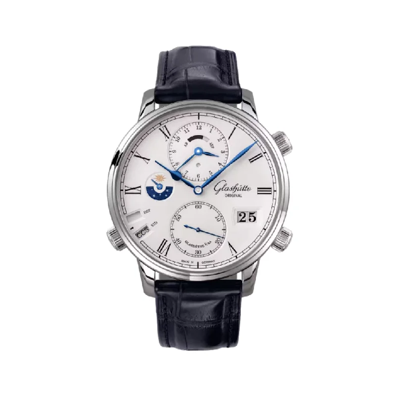 men's automatic field watches -Senator Cosmopolite Automatic White Gold 44mm - Silver on Leather Strap
