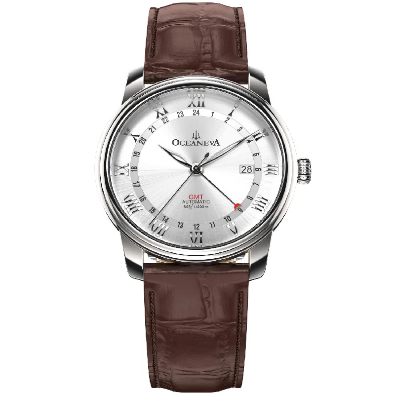 men's skeletonized watches with skeleton dial -Oceaneva OceanTrek GMT 200m Automatic Silver Brown men's skeletonized watches with skeleton dial -Oceaneva OceanTrek GMT 200m Automatic Silver Brown