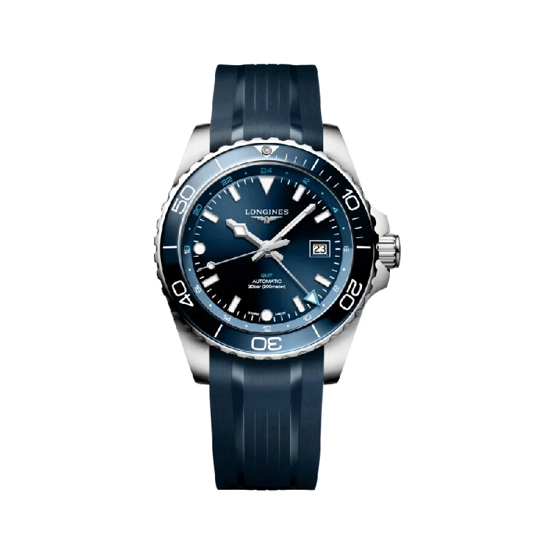 men's field watches with cyclops style design -HydroConquest GMT Blue Dial 43mm on Rubber Strap