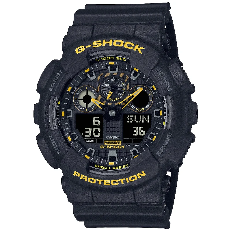 men's skeletonized watches with leather band and buckle -G-Shock GA100 Ana-Digi Black Yellow