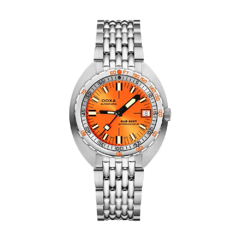 men's pilot watches with NATO style straps -Sub 200T Professional Sunray Orange Dial on Bracelet, 39mm