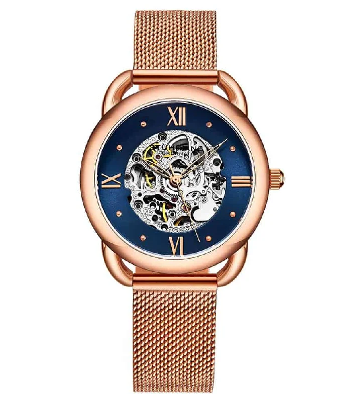 Blue Dial / Rose Case / Rose Stainless Steel Bracelet Rose Gold Layered Foldover Buckle