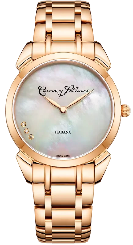 women's mechanical watches with spring drive display function -Cuervo y Sobrinos Watch Historiador Primera Dama Gold PVD White Bracelet