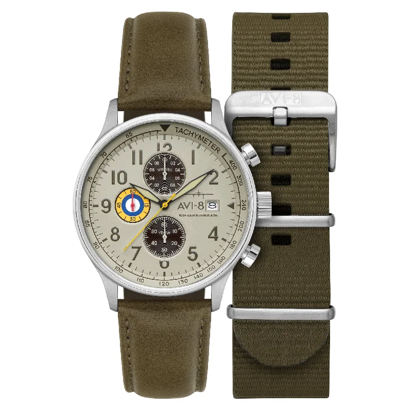 men's pilot watches with Japanese SuperLuminova style design -AVI-8 Hawker Hurricane Classic Chronograph Khaki Green men's pilot watches with Japanese SuperLuminova style design -AVI-8 Hawker Hurricane Classic Chronograph Khaki Green