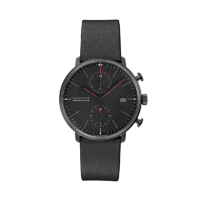 men's mechanical field watches -Max Bill Chronoscope Bauhaus 40mm - Black on Leather Strap