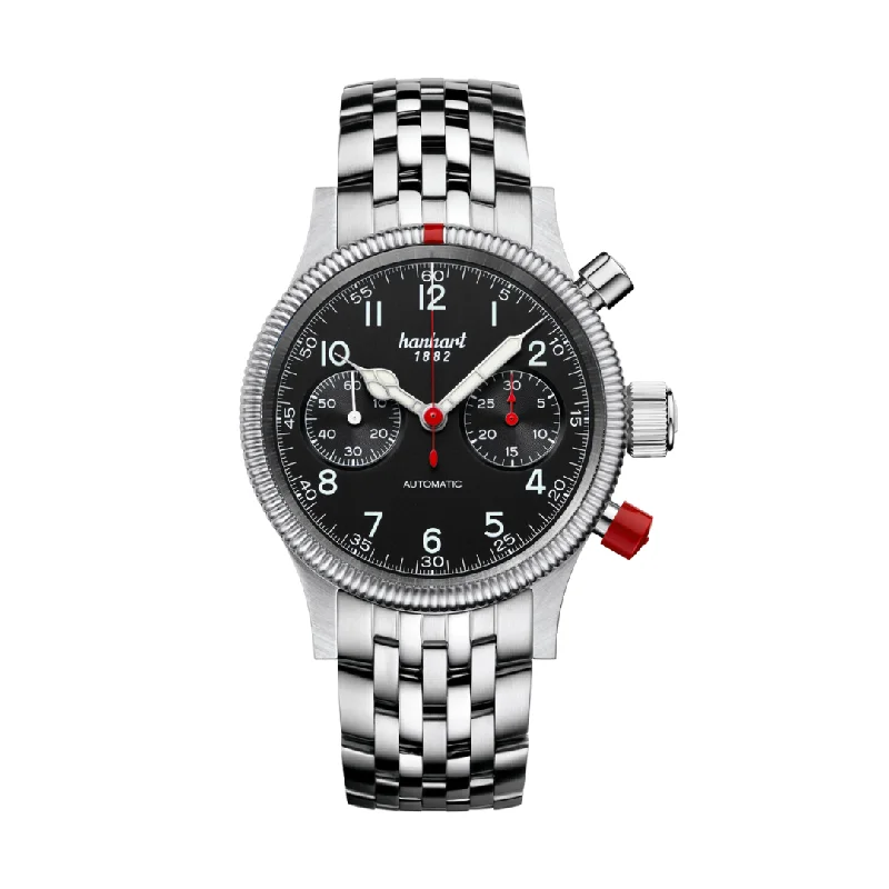 men's Seiko dual time zone design watches -HANHART PIONEER MK II BLACK 716.210-6428 STAINLESS STEEL MEN WATCH