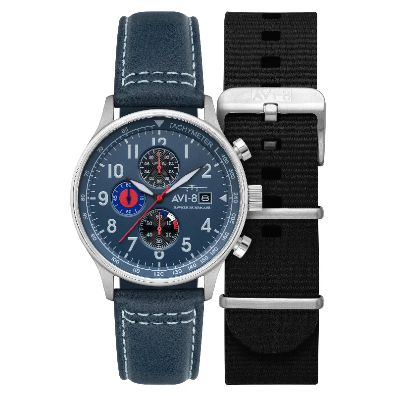 men's pilot watches with BGW9 SuperLuminova style design -AVI-8 Hawker Hurricane Classic Chronograph Opal Blue