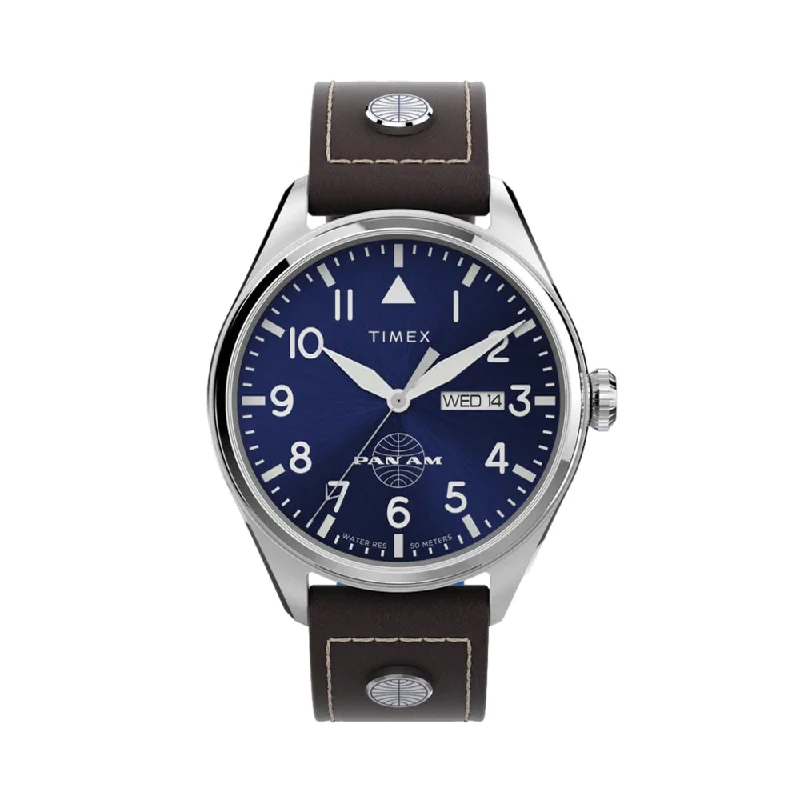 unisex-dresswatch options-Pan Am® Day-Date 42mm - Blue on Leather Strap