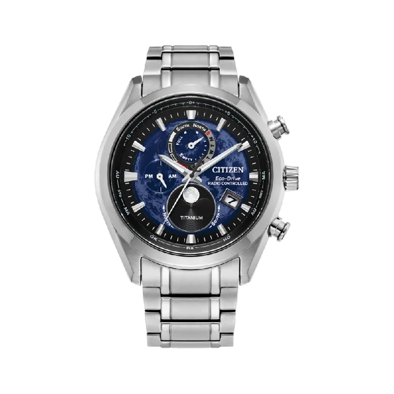 men's chronograph watches with metal style straps for everyday wear -Tsuki-yomi A-T Sport Luxury H874 Eco-Drive 43mm - Blue men's chronograph watches with metal style straps for everyday wear -Tsuki-yomi A-T Sport Luxury H874 Eco-Drive 43mm - Blue