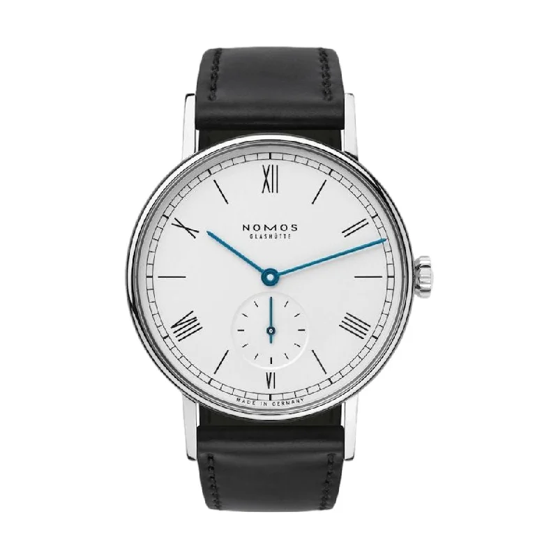 men's digital watches with sleek style design -Ludwig 35mm - White Silver-Plated on Leather Strap