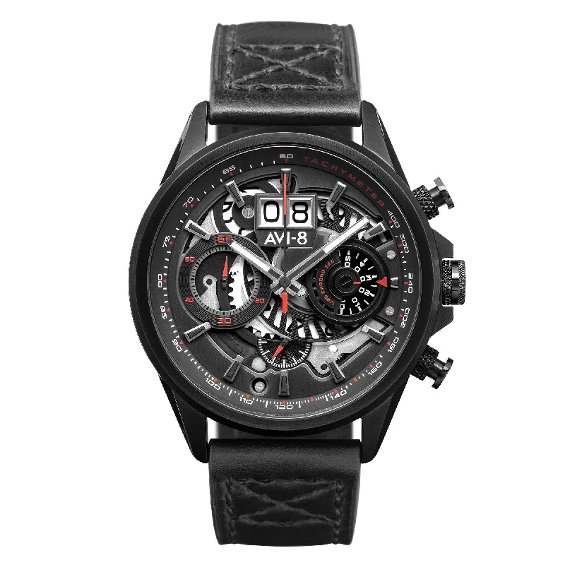 men's pilot watches with world time style design -AVI-8 Hawker Harrier Matador Chronograph Stealth Black