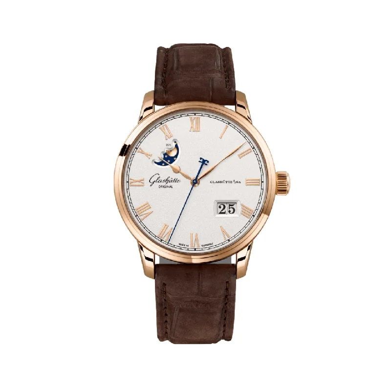 men's chronograph watches with cyclops design -Senator Excellence Panorama Date Moon Phase Automatic Red Gold 40mm - Silver on Leather Strap men's chronograph watches with cyclops design -Senator Excellence Panorama Date Moon Phase Automatic Red Gold 40mm - Silver on Leather Strap